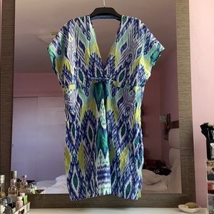 NWT Francesca’s Blue Teal Deep V Print Swimsuit Cover Up Dress